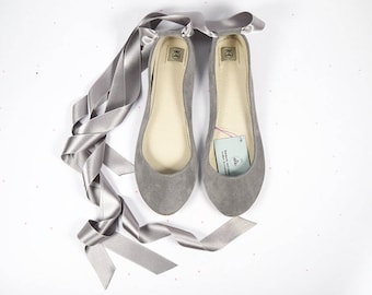 Handmade Pearl Gray Leather Ballet Flats with Satin Ribbon, Bridal shoes, Elehandmade