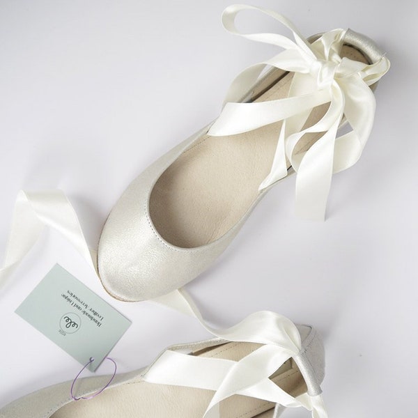 Wedding Shoes For Bride in White Gold Ivory Italian Leather, Ballet Flats with Ribbons, Elehandmade Shoes