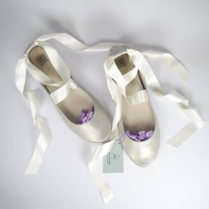 Wedding Shoes For Bride in White Gold Ivory Italian Leather, Ballet Flats with Ribbons, Elehandmade Shoes image 3