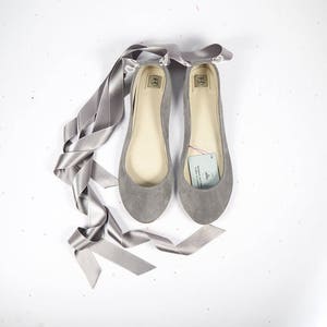 Pearl Gray Ballet Flats With Satin Ribbon, Low Heel Bridal Shoes, elehandmade