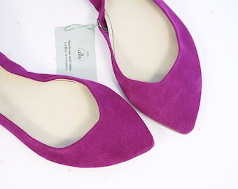 Ballerina's met spitse neus van cyclaamzacht Italiaans leer, bruidspumps met lage hak, elehandmade ballerina's