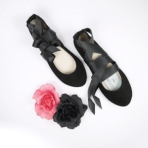 Black flats with ribbon ties shop
