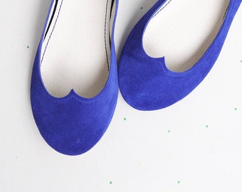 Royal Blue Leather Ballet Flat Shoes in Italian Leather, Low Heel Bridal Shoes