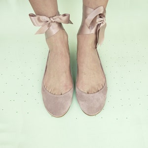 Bridal Ballerina Style Shoes in Old Rose Leather with Satin Ribbons, Elehandmade Shoes