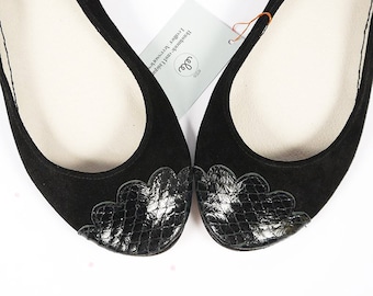 Handmade Black Suede Ballet Flats: Snake Print Scalloped Toe Elehandmade Shoes
