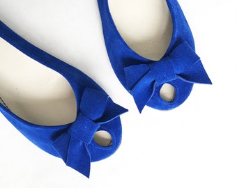 Peep Toe Ballerinaskor med Rosett i Kungsblått Italienskt Läder, Något Blå Brudskor, Handgjorda Ballerinor