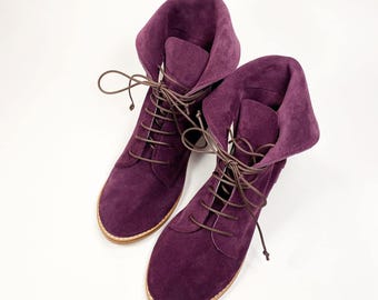 Women Ankle Boots in Oxblood Burgundy Italian Soft Leather, Lace up Medium Heel Booties, Elehandmade Shoes
