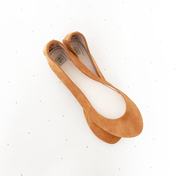 Womens Handmade Ballet Flats Shoes in Soft Burnt Orange Tan Italian Leather, Elehandmade Shoes