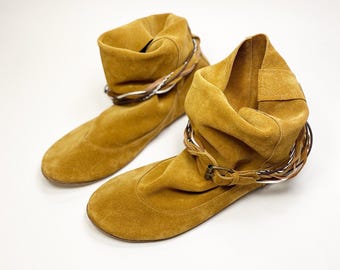 Tan Italian Leather Suede Ankle Boots, Handmade Boho Braided Booties | Elehandmade Shoes