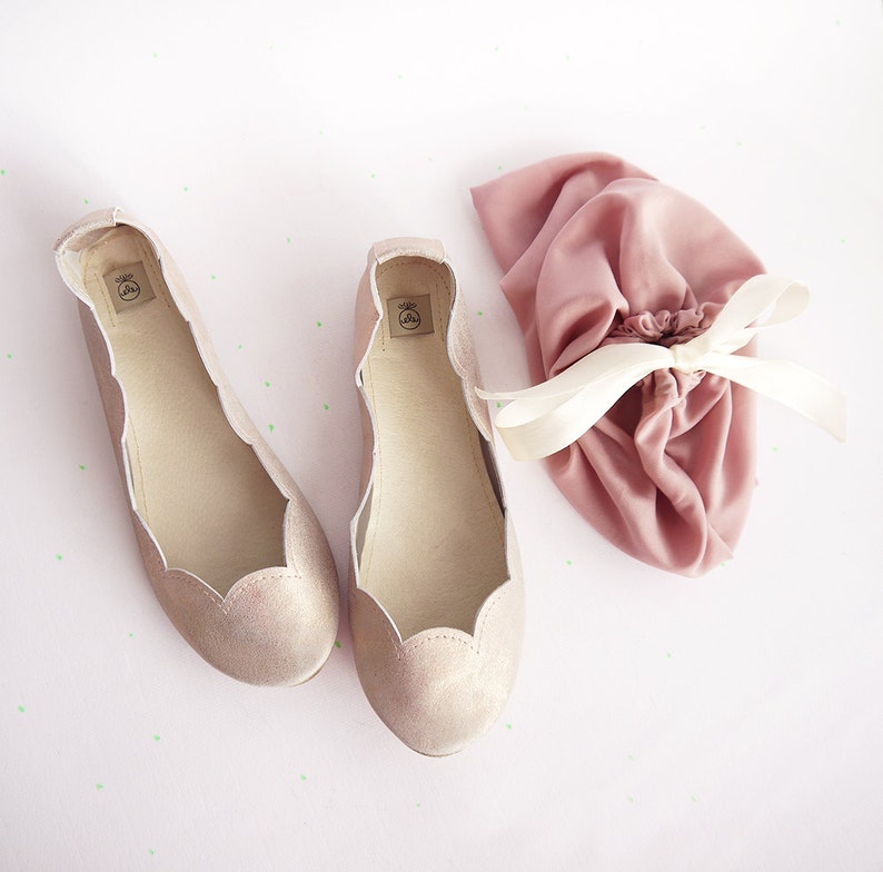 Scalloped Ballet Flats Shoes Handmade Rose Gold Metalic Sparkly Slip on Ballerinas Shoes