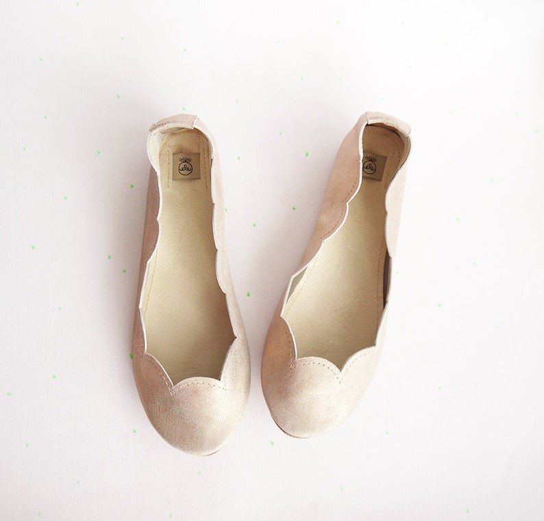 Scalloped Ballet Flats Shoes Handmade Rose Gold Metalic Sparkly Slip on Ballerinas Shoes
