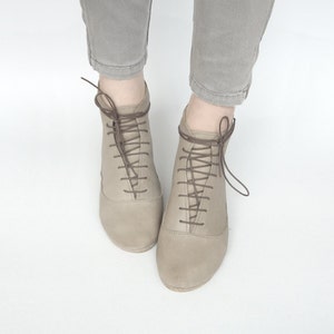 Women Ankle Low Heel Boots in Light Taupe Italian Soft Leather, Lace up Booties, Elehandmade Shoes