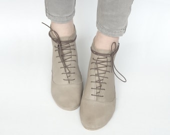 Women Ankle Low Heel Boots in Light Taupe Italian Soft Leather, Lace up Booties, Elehandmade Shoes