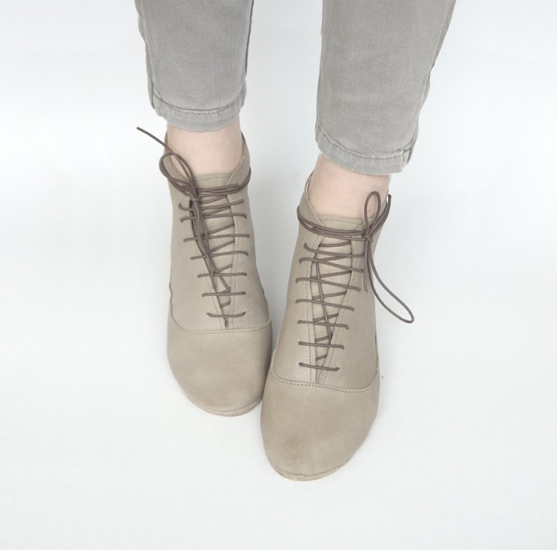Women Ankle Low Heel Boots in Light Taupe Italian Soft Leather, Lace up Booties, Elehandmade Shoes image 1