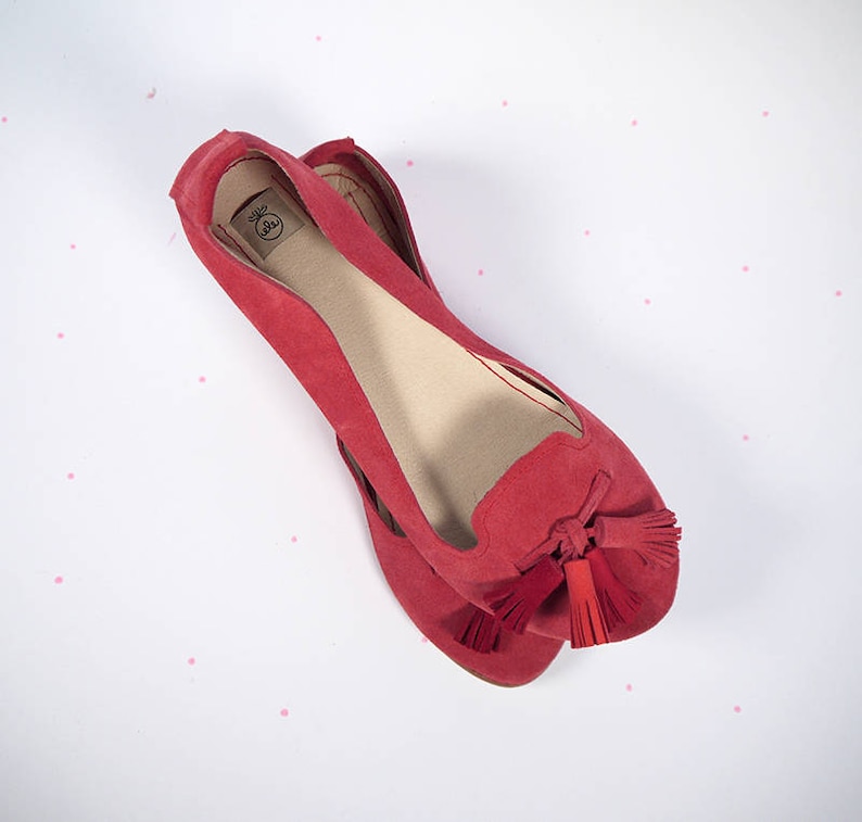 Loafers Shoes in Red Leather Suede and Matching Red Tassels, Handmade Leather Flat Shoes Slip On image 2
