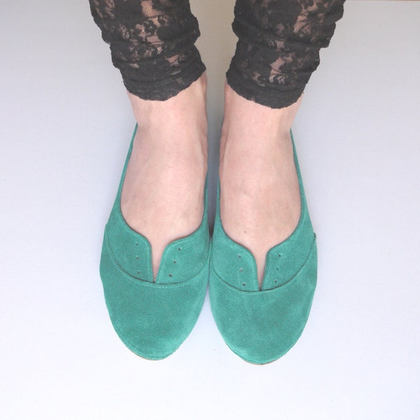 Oxfords Shoes in Emerald Aqua Green Italian Soft Leather, Elehandmade Flats Shoes