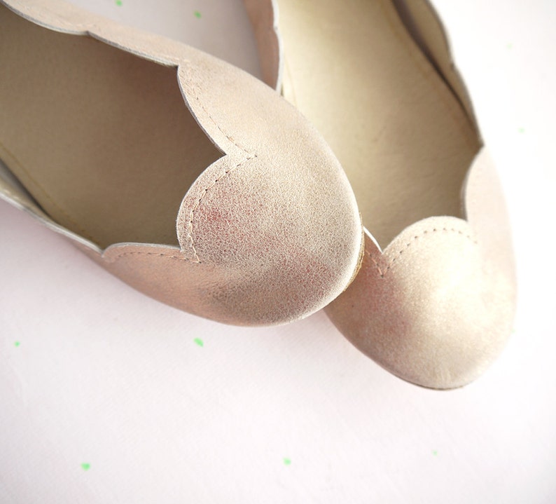 Scalloped Ballet Flats Shoes Handmade Rose Gold Metalic Sparkly Slip on Ballerinas Shoes