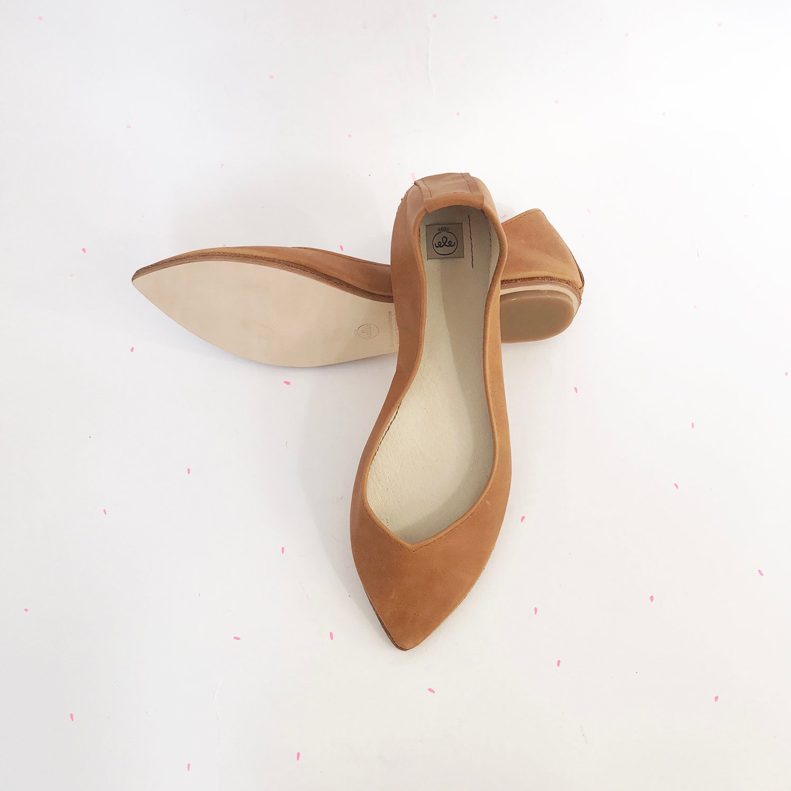 leather ballet flats in tan italian leather, pointed handmade ballerina, bridal shoes, elehandmade low heel comfortable flats