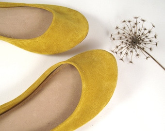 Leather Ballet Flats in Yellow, Comfortable Low Heel Bridal Shoes, elehandmade shoes