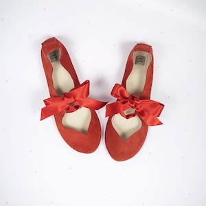 Red Ballet Shoes With Satin Ribbon, Mary Jane Low Heel Shoes, elehandmade image 1