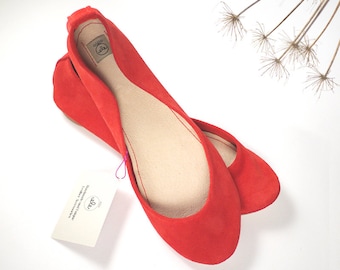 Zapatos Red Ballet Flats en cuero suave italiano, zapatos de novia de tacón bajo hechos a mano, Elehandmade