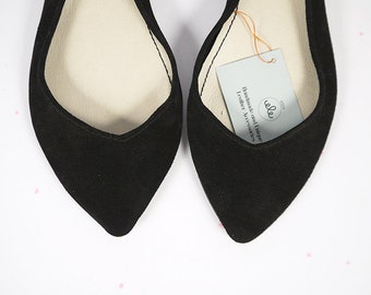 Pointy Toe Ballet Flats in Buttery Soft Black Italian Leather, Elehandmade Shoes