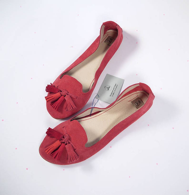 Loafers Shoes in Red Leather Suede and Matching Red Tassels, Handmade Leather Flat Shoes Slip On image 1