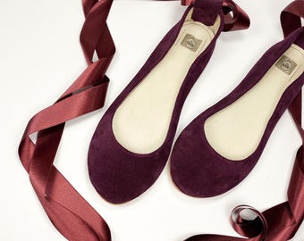 Ballerina Style Shoes in Burgundy Leather with Satin Ribbons, Oxblood Ballet Flats, Elehandmade Shoes