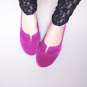 Richelieus en cuir italien souple rose cyclamen, chaussures plates faites à la main
