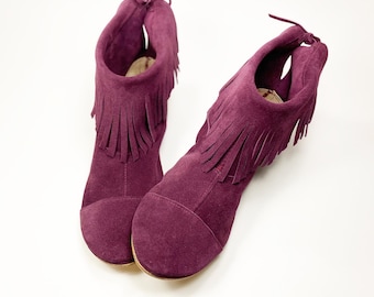 Fringed Ankle Boho Booties in Italian Soft Oxblood Burgundy Suede Leather, Elehandmade Shoes