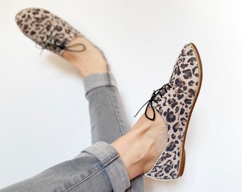 Leopard Shoes, Oxfords Lace up Shoes in Natural Color Leather, Animal Print, Elehandmade
