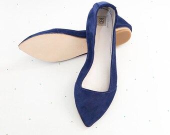 D'orsay Pointy Toe Flats in Navy Blue Soft Italian Leather, Flat - Main Image