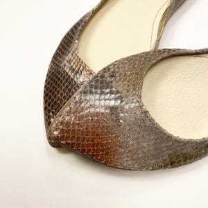 Peut inclure: Gros plan sur une paire de ballerines &agrave; bout pointu. Les chaussures pr&eacute;sentent un motif peau de serpent dans les tons marron, gris et beige. L'int&eacute;rieur des chaussures est de couleur beige clair. Les chaussures sont pos&eacute;es sur un fond blanc.