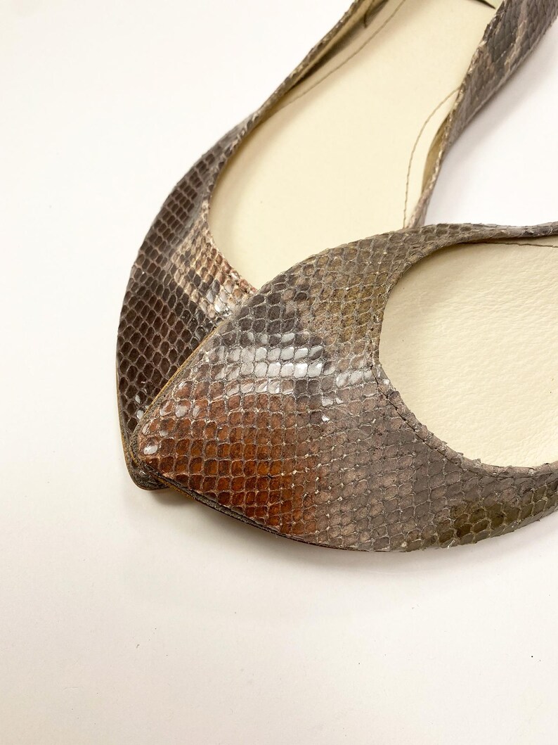 Peut inclure: Gros plan sur une paire de ballerines &agrave; bout pointu. Les chaussures pr&eacute;sentent un motif peau de serpent dans les tons marron, gris et beige. L'int&eacute;rieur des chaussures est de couleur beige clair. Les chaussures sont pos&eacute;es sur un fond blanc.