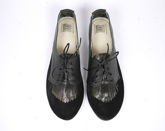 Black Leather Handmade Oxfords, Fringed Lace Up Flats, Elehandmade Shoes
