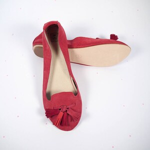 Loafers Shoes in Red Leather Suede and Matching Red Tassels, Handmade Leather Flat Shoes Slip On image 3