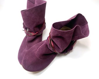 Stivaletti alla caviglia Boho in morbida pelle italiana color sangue di bue, stivaletti floppy color bordeaux, scarpe Elehandmade