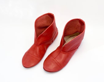 Women's Ankle Boots in Red Leather, Low Heel Soft Cowboy Boho Boots, Elehandmade Shoes