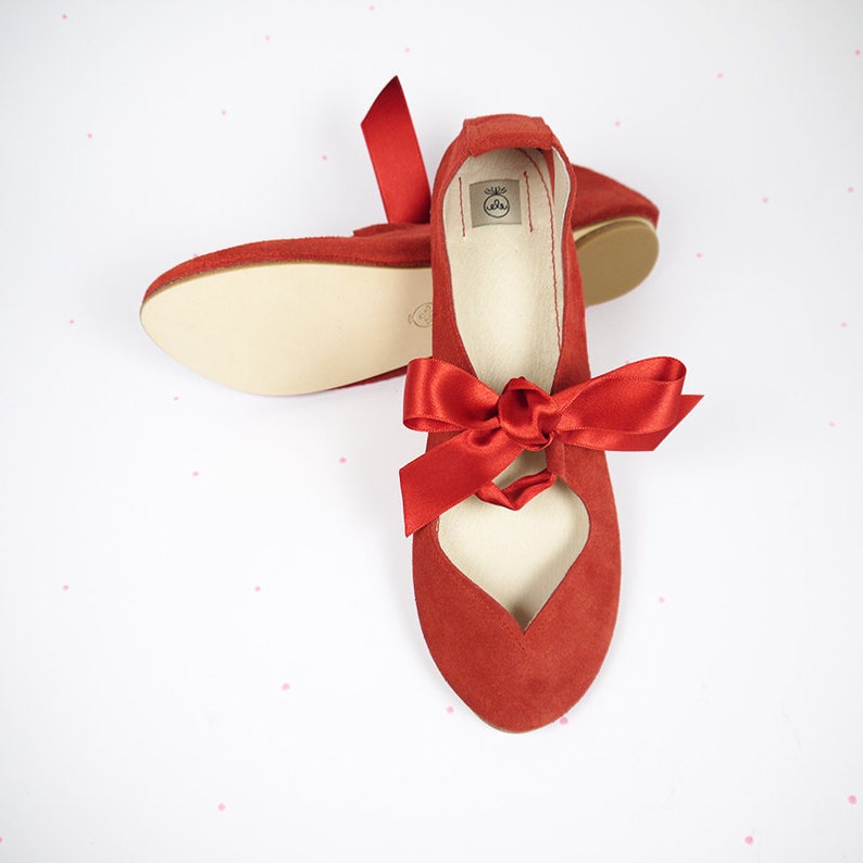 Red Ballet Shoes With Satin Ribbon, Mary Jane Low Heel Shoes, elehandmade image 4
