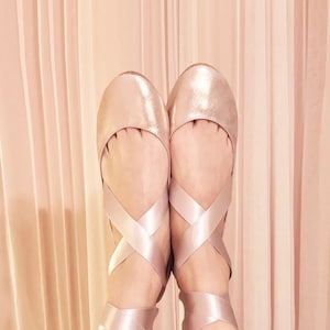 Rose Gold Italian Leather Bridal Ballet Flats With Satin Ribbon, Elehandmade Wedding Shoes