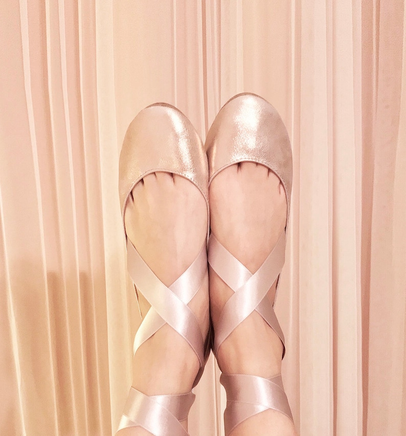 Rose Gold Ballet Flats With Satin Ribbon, Low Heel Bridal Shoes, elehandmade image 3