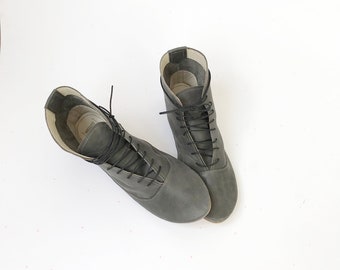 Women Ankle Boots in Gray Italian Soft Leather, Handmade Lace up Booties, Elehandmade Shoes