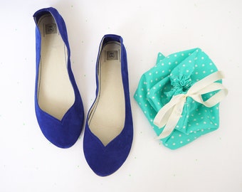 Blauwe ballet flats schoenen in Italiaans leer, Elehandmade