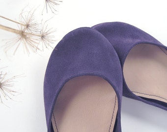 Ballet Flats Shoes in Soft Violet Italian Suede Leather, elehandmade ballerinas shoes