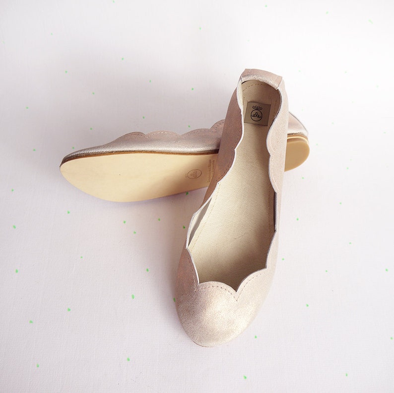 Scalloped Ballet Flats Shoes Handmade Rose Gold Metalic Sparkly Slip on Ballerinas Shoes
