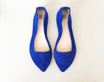 D'Orsay Pointy Toe Flats in Cobalt Royal Blue Soft Italian Leather, Something Blue Wedding, Elehandmade Shoes