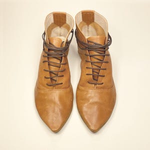 Women Ankle Boots in Tan Italian Soft Leather, Pointed Lace up Booties, Elehandmade Shoes