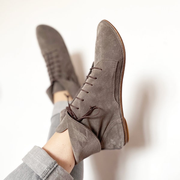Women's Ankle Cuffed Boots in Taupe Brown Soft Suede, Lace-Up Booties, Elehandmade Shoes