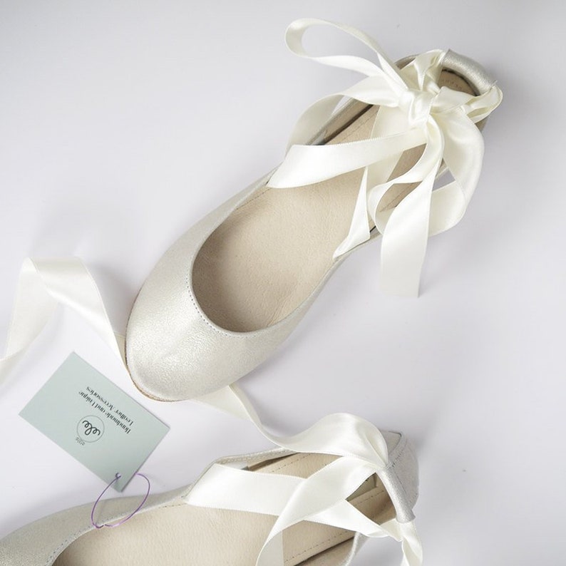 Wedding Shoes For Bride in White Gold Ivory Italian Leather, Ballet Flats with Ribbons, Elehandmade Shoes image 1