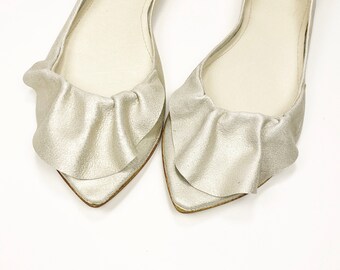 Wedding Flats For Bride with Ruffles in White Gold Italian Leather, Brautschuhe, Elehandmade Shoes
